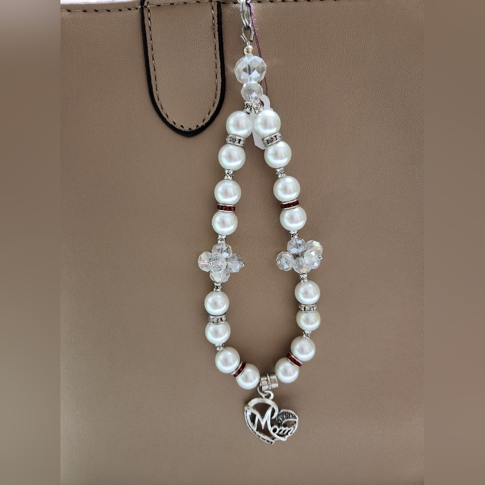 Hand Crafted Purse/Bag Charm Faux Pearls Crystals with Mom Pendant 8 1/4 inches